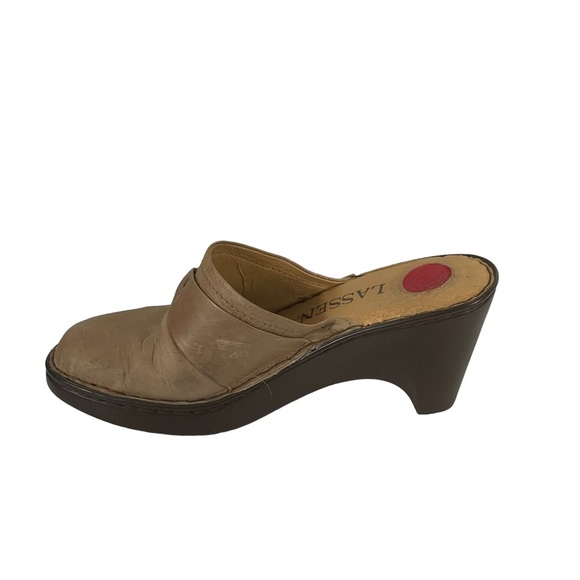 Lassen Tan Leather Slip On Wedge Platform Clog Mule Shoe Sz 11 M - Picture 5 of 12